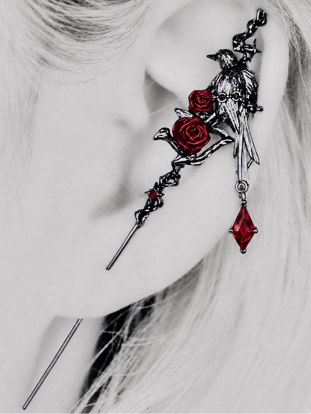 Raven~ Edgar Poe Perched Crow Rose Blood Droplet Macabre Crawler Climber Ear Pin